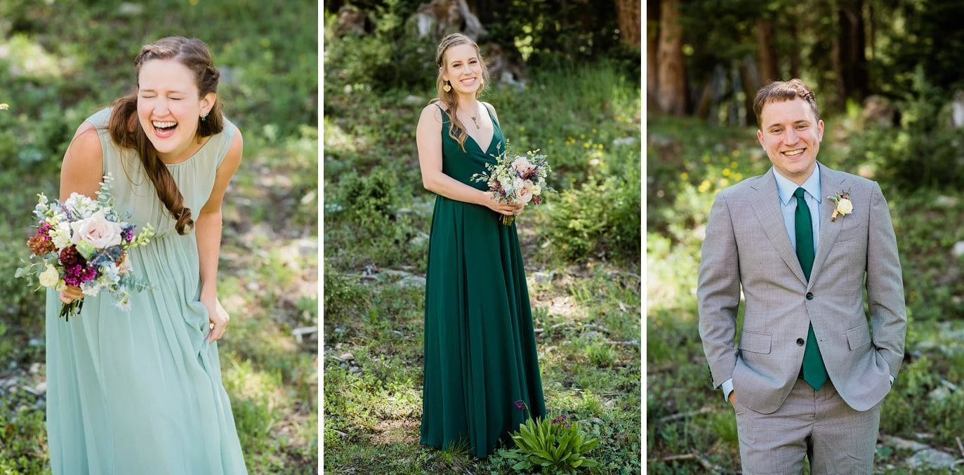 bridesmaids in green chiffon dresses and groomsmen in grey suite at Arapahoe Basin wedding by Rocky Mountain Wedding photographer Jennie Crate photographer