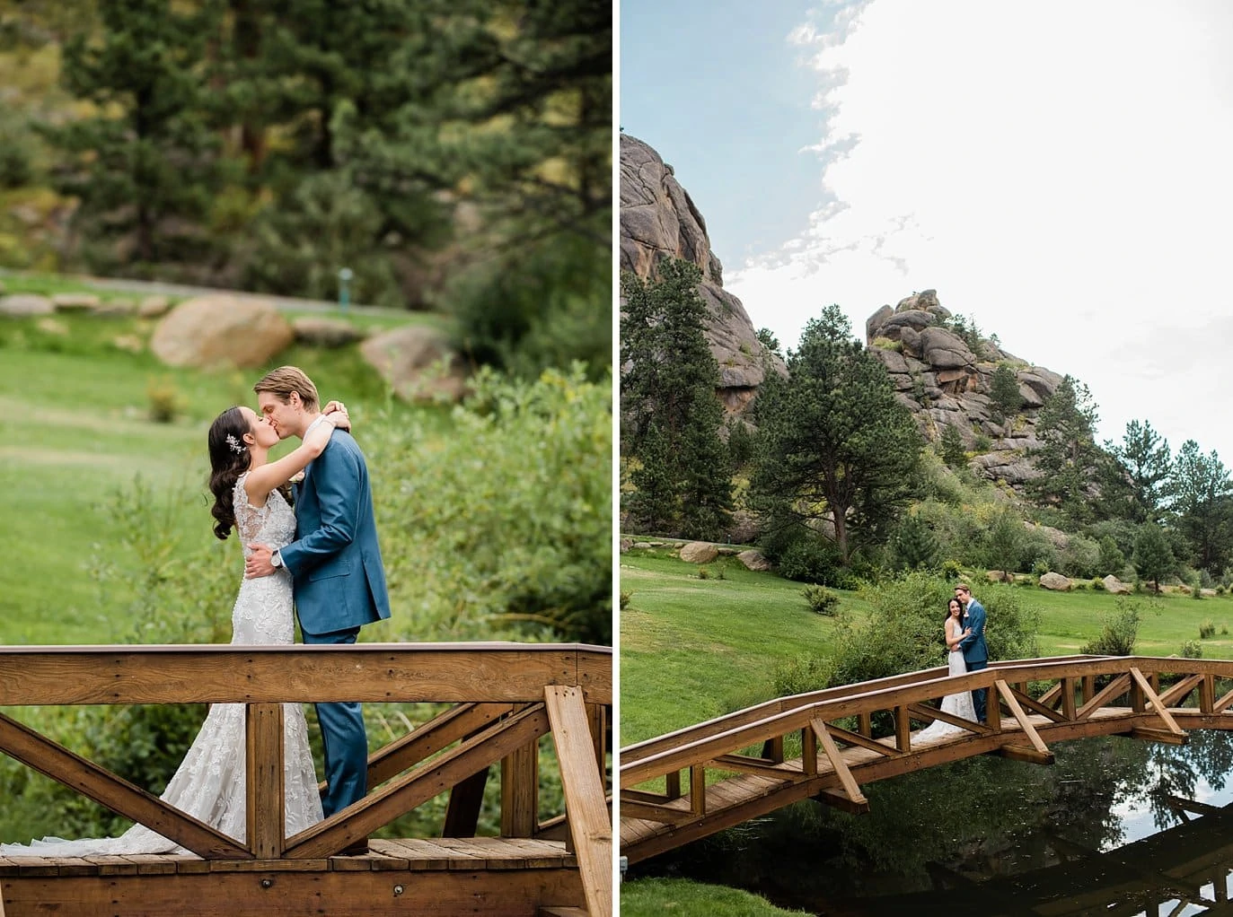 bride and groom first look over pond at Black Canyon Inn wedding by Lyons wedding photographer Jennie Crate Photographer