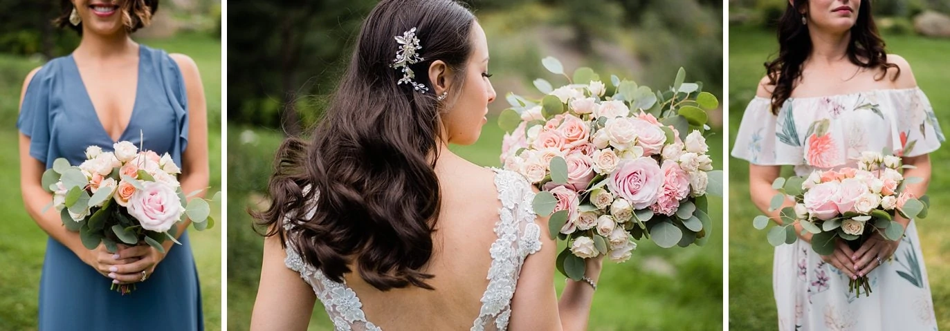 bride with long brown hair and hair clip with low backed lace dress and pink and rose bridal flowers at Black Canyon Inn wedding by Estes Park wedding photographer Jennie Crate Photographer