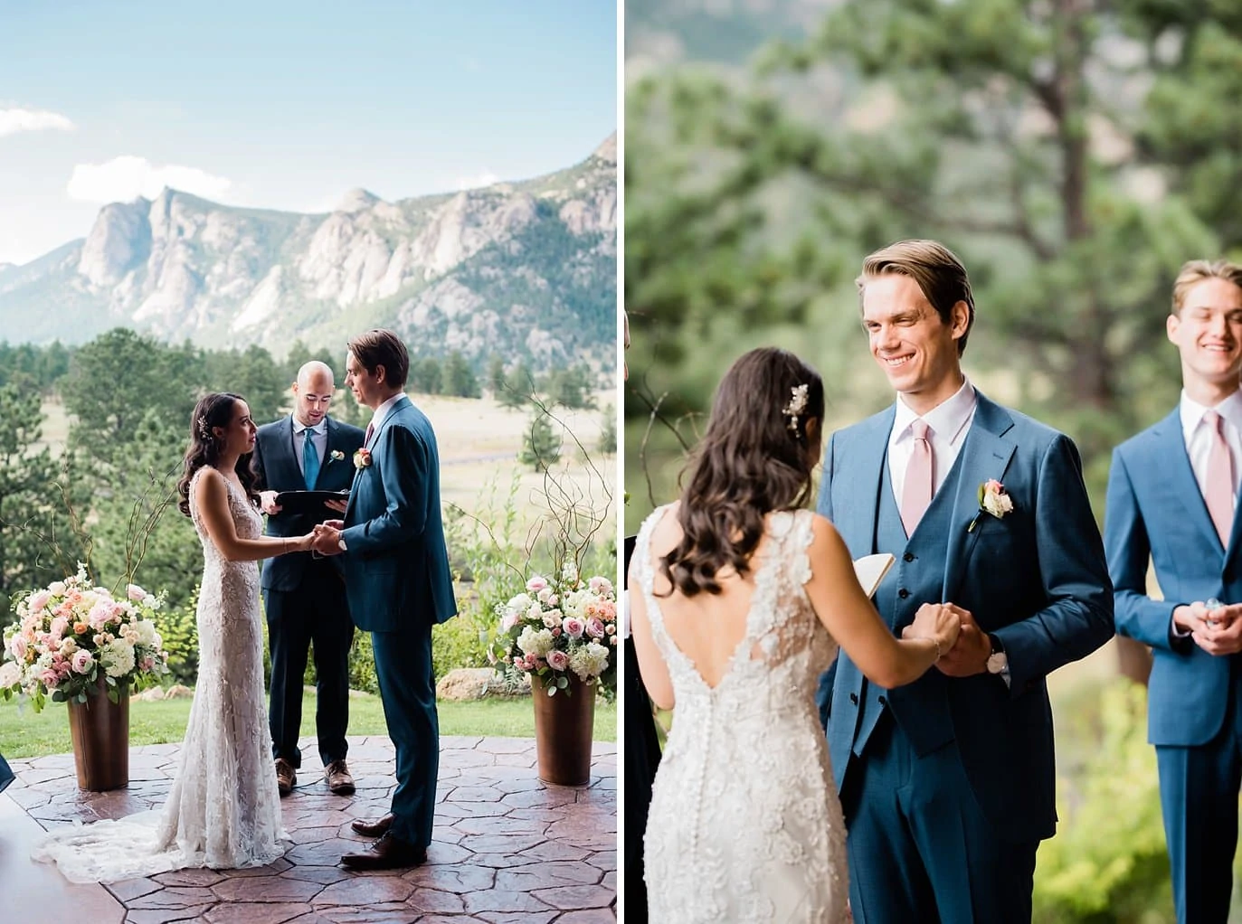 bride and groom saying vows under pavilion in front of mountains at at Black Canyon Inn wedding by Denver Wedding photographer Jennie Crate photographer