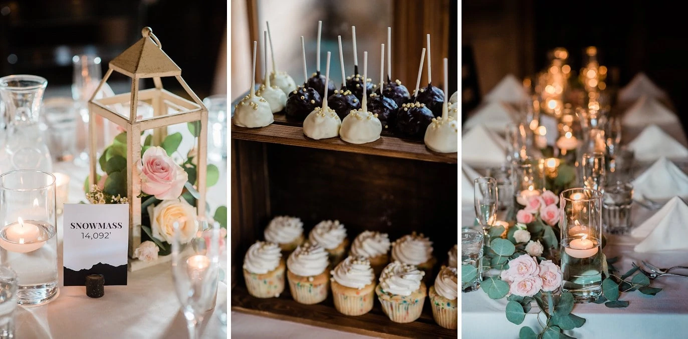 cake pops and candlelight wedding reception dinner at t Twin Owls Steakhouse wedding by Denver wedding photographer Jennie Crate photographer