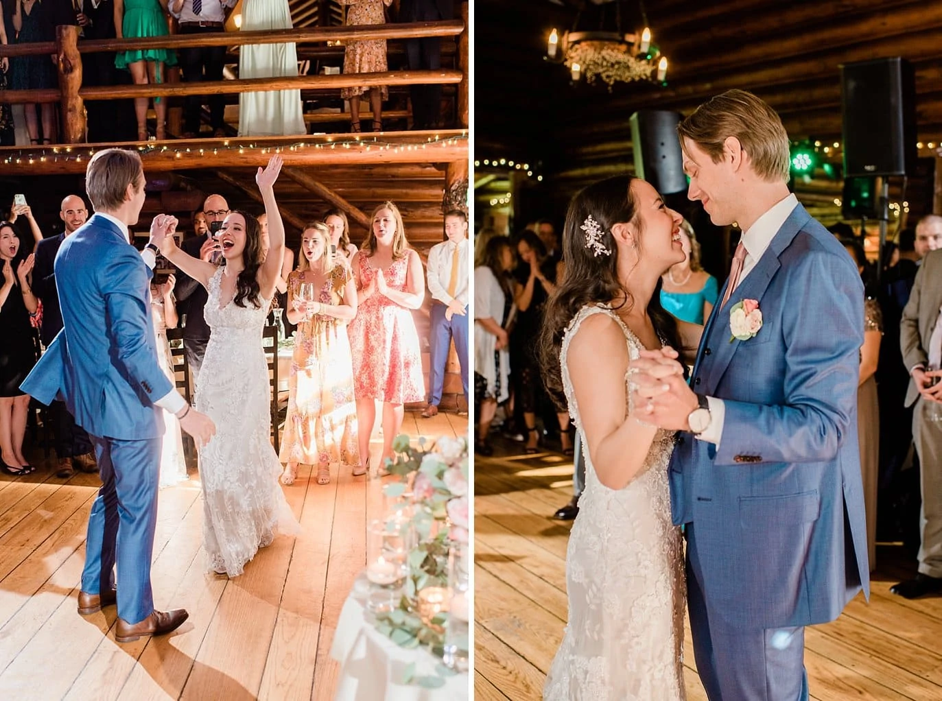 bride and groom share first dance at wedding reception at t Twin Owls Steakhouse wedding by Estes Park wedding photographer Jennie Crate photographer