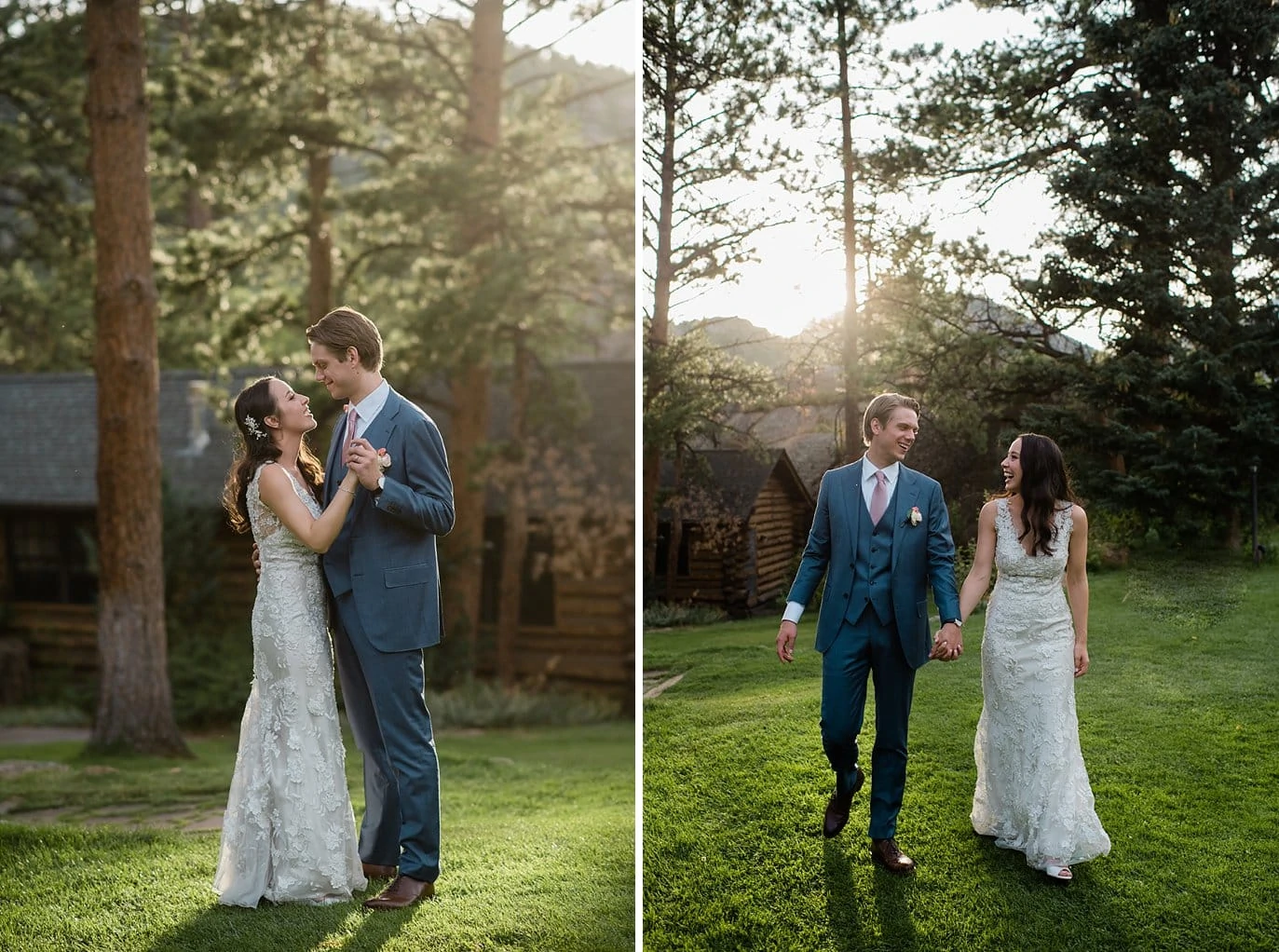 bride and groom dance at sunset in trees at t Twin Owls Steakhouse wedding by Boulder wedding photographer Jennie Crate photographer