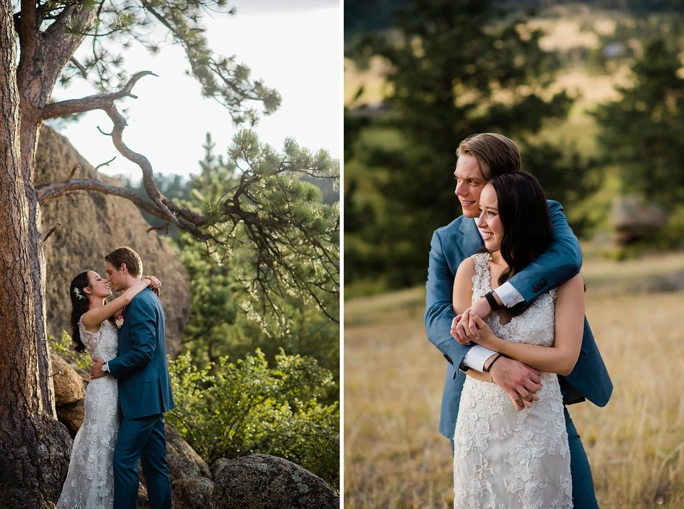 bride and groom embrace at sunset for romantic photos t Twin Owls Steakhouse wedding by Denver wedding photographer Jennie Crate photographer