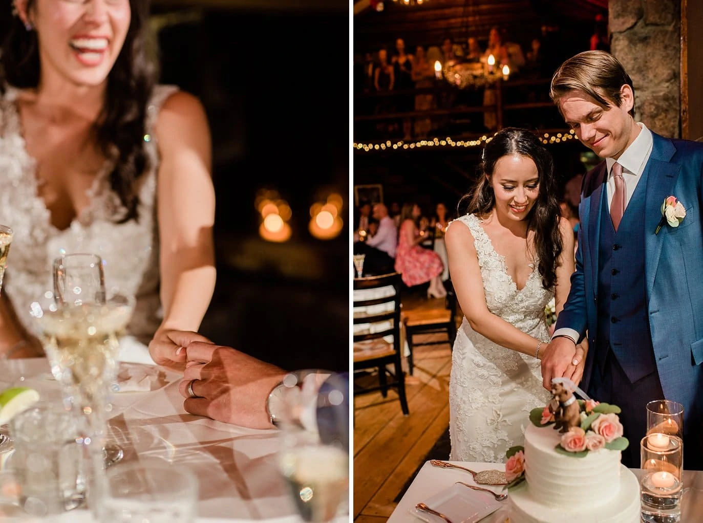 bride and groom holding hands during toasts and cutting cake during cake cutting at Black Canyon Inn and Twin Owls Steakhouse wedding by Boulder wedding photographer Jennie Crate