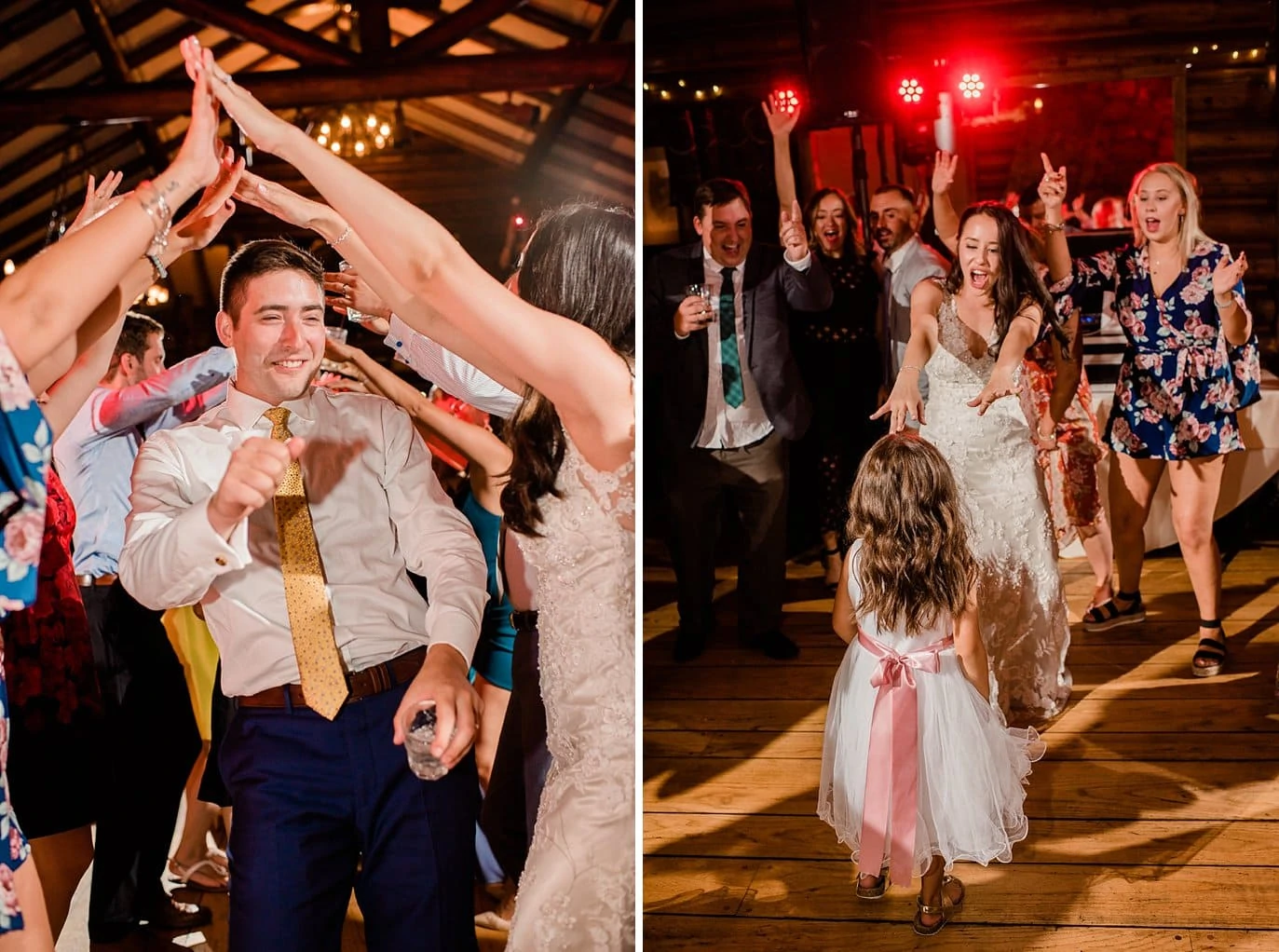 bride and groom go through dance line at wedding reception at Black Canyon Inn and Twin Owls Steakhouse wedding by Estes Park wedding photographer Jennie Crate