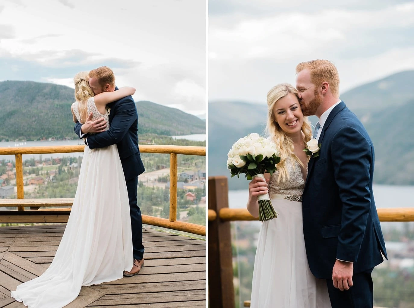 bride and groom first look on platform of overlook at Grand Lake Lodge wedding by RNNP wedding photographer Jennie Crate