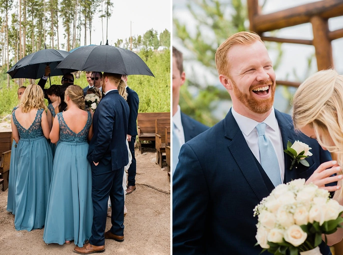 bridal party in dusty blue dresses gather under umbrella during rain at Grand Lake Lodge wedding by Grand Lake wedding photographer Jennie Crate