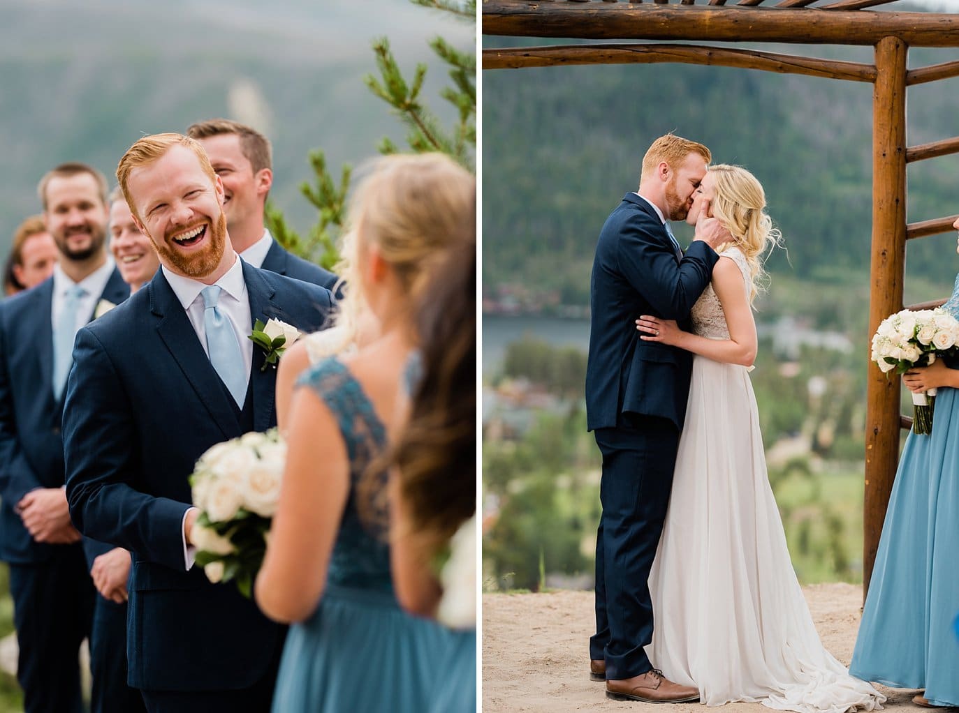 bride and groom share first kiss at alter at Grand Lake Lodge wedding by Estes Park wedding photographer Jennie Crate