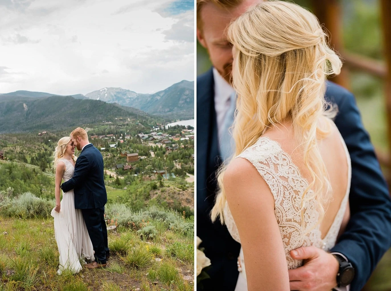 bride and groom romantic portraits after wedding ceremony with Grand Lake views at Grand Lake Lodge wedding by Winter Park wedding photographer Jennie Crate