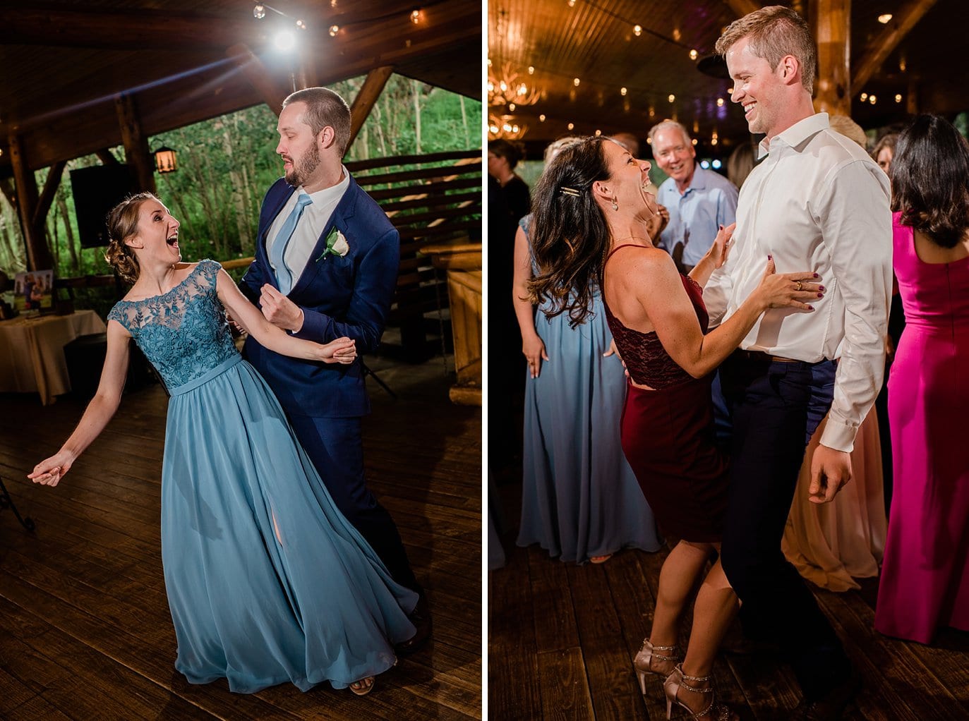 dance party in open air pavilion at Grand Lake Lodge wedding by Granby wedding photographer Jennie Crate Photographer