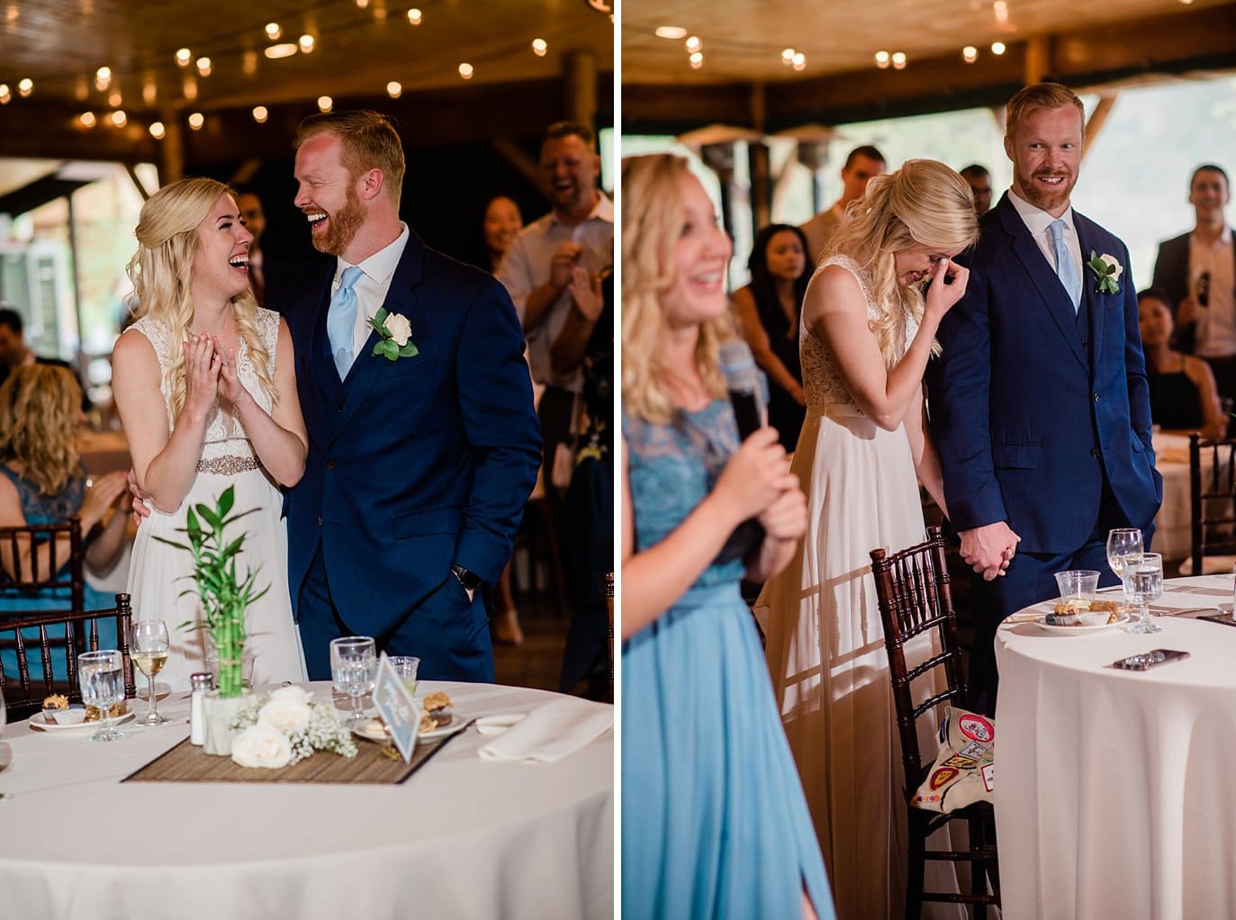 sister of bride toasting bride and groom during wedding reception at Grand Lake Lodge wedding by Tabernash wedding photographer Jennie Crate Photographer
