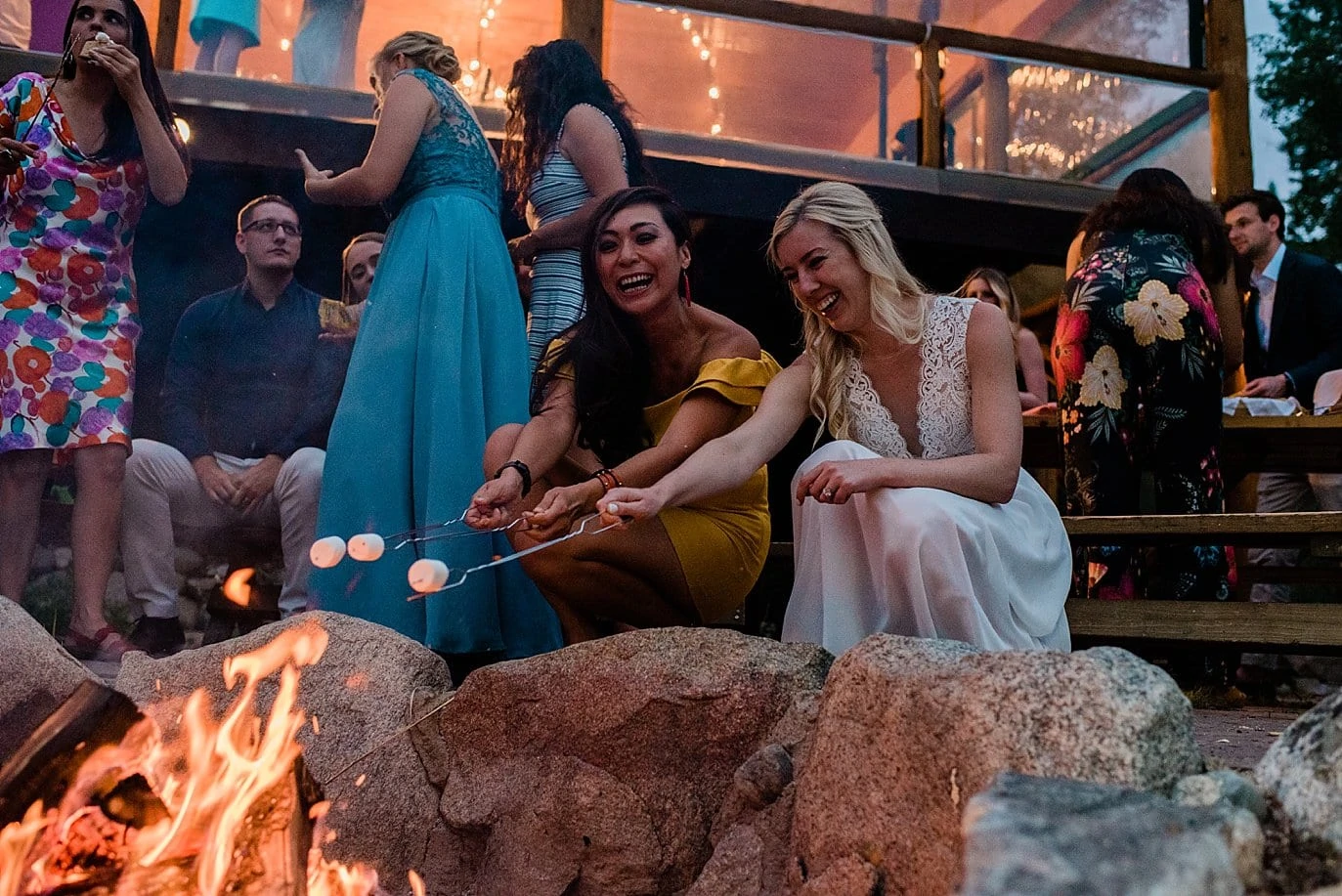 fire pit outside of wedding reception space at Grand Lake Lodge wedding by Grand Lake wedding photographer Jennie Crate Photographer