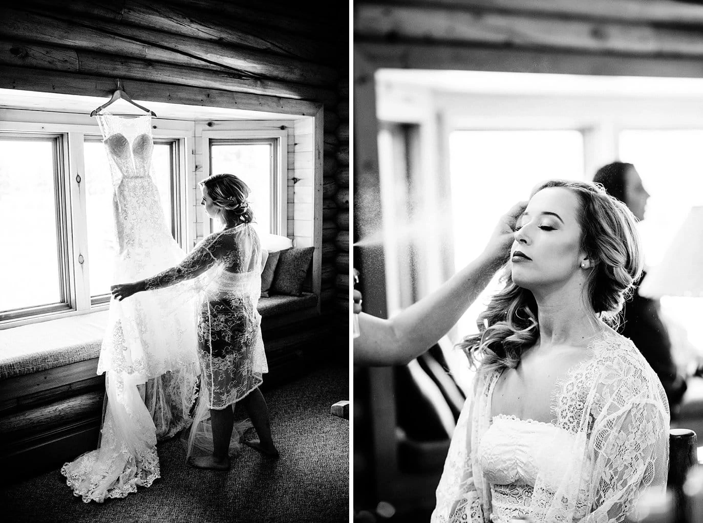 bride getting sprayed with hair spray and looking at wedding dress by window at at Pagosa Springs wedding by Pagosa Springs Wedding Photographer Jennie Crate