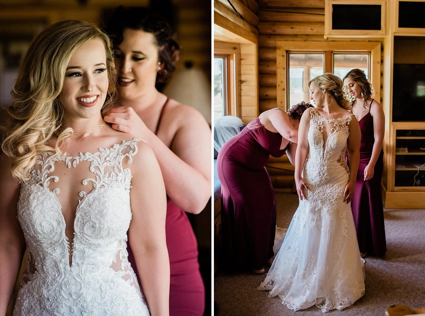 bride getting into wedding dress with help of bridesmaids by window at Pagosa Springs wedding by Pagosa Springs Wedding Photographer Jennie Crate