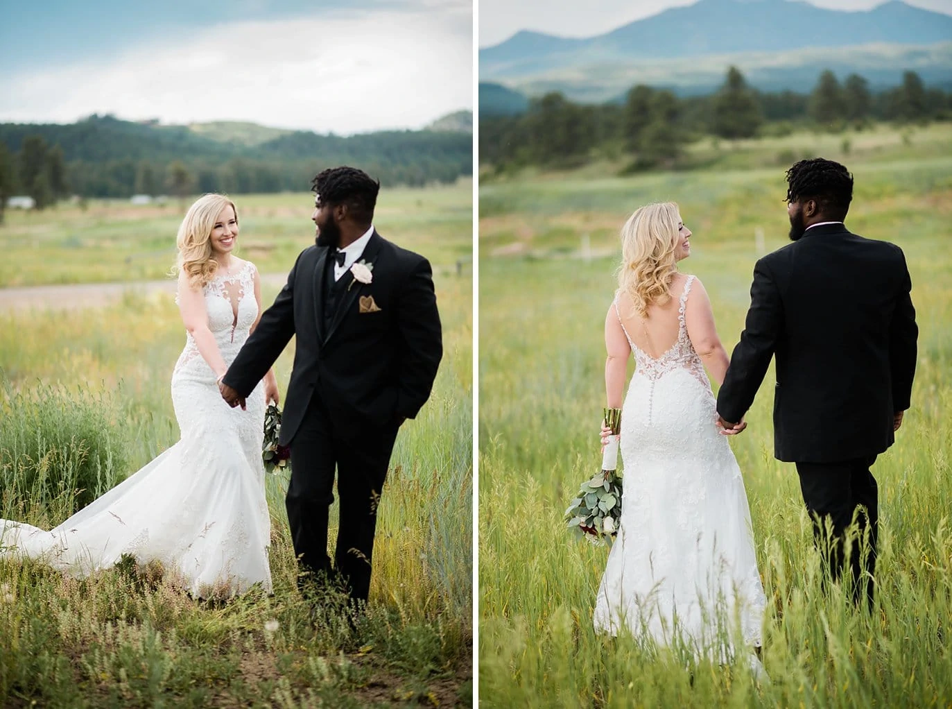 bride and groom walk in field with San Juan mountain views in the background at at Pagosa Springs wedding by Colorado Springs Wedding Photographer Jennie Crate