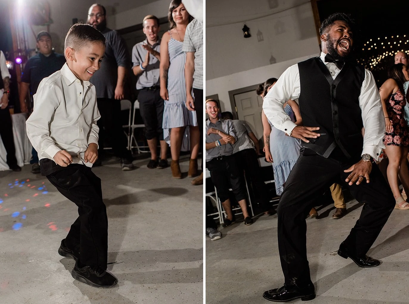 groom and son dance during barn reception at at Pagosa Springs wedding by Colorado Springs Wedding Photographer Jennie Crate