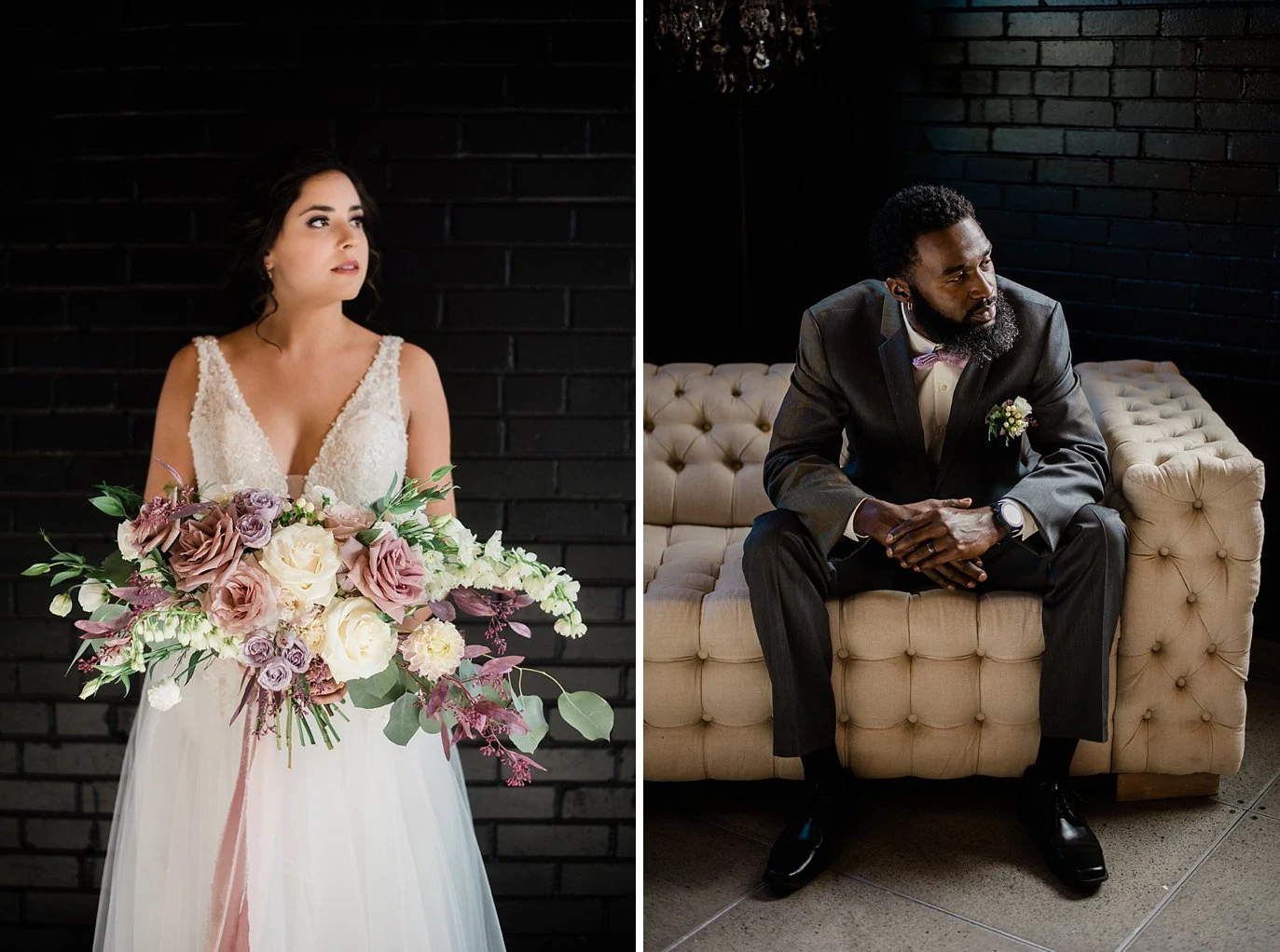 bride with large bridal bouquet and groom in grey suit on ivory couch at Shyft Denver wedding by Denver wedding photographer Jennie Crate photographer