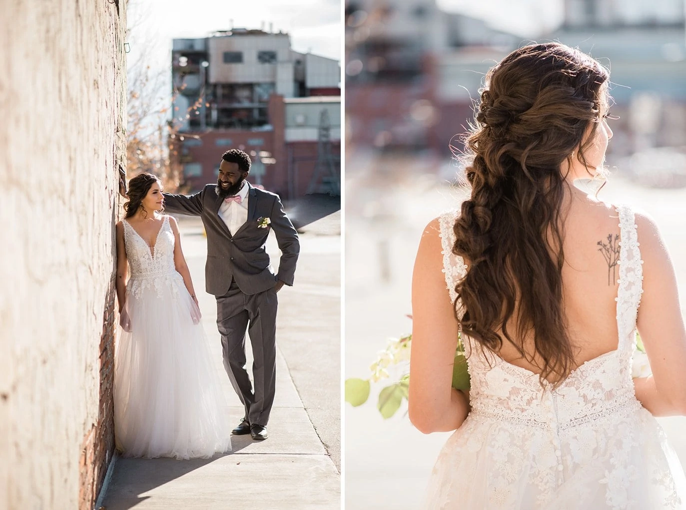 bride and groom in industrial outdoor portraits at Shyft Denver wedding by Boulder Wedding photographer Jennie Crate photographer