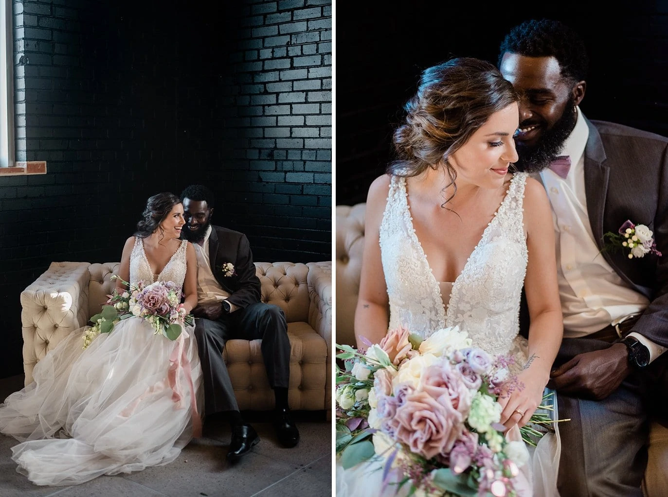 bride in beaded and tulle sexy wedding dress and groom in grey suit on white couch in front of black wall at Shyft Denver wedding by Lyons wedding photographer Jennie Crate