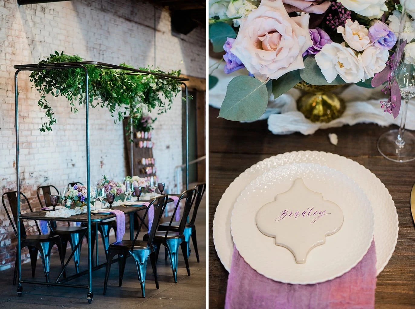antique metal head table with hanging greenery and metal chairs at Shyft Denver wedding by Lyons wedding photographer Jennie Crate