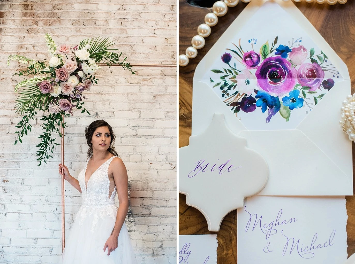 bride by copper pipe ceremony arch and watercolor invitation suite at Shyft Denver wedding by Lyons wedding photographer Jennie Crate