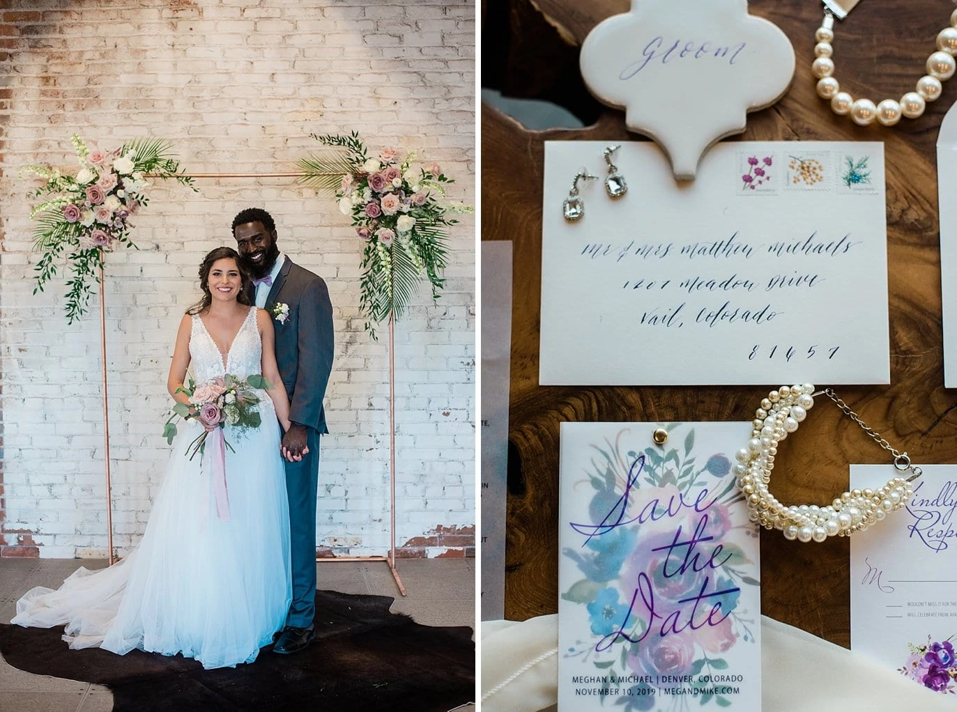 bride and groom by copper pipe ceremony arch with hides on ground plus water colored invitation set and wedding jewelry at Shyft Denver wedding by Lyons wedding photographer Jennie Crate
