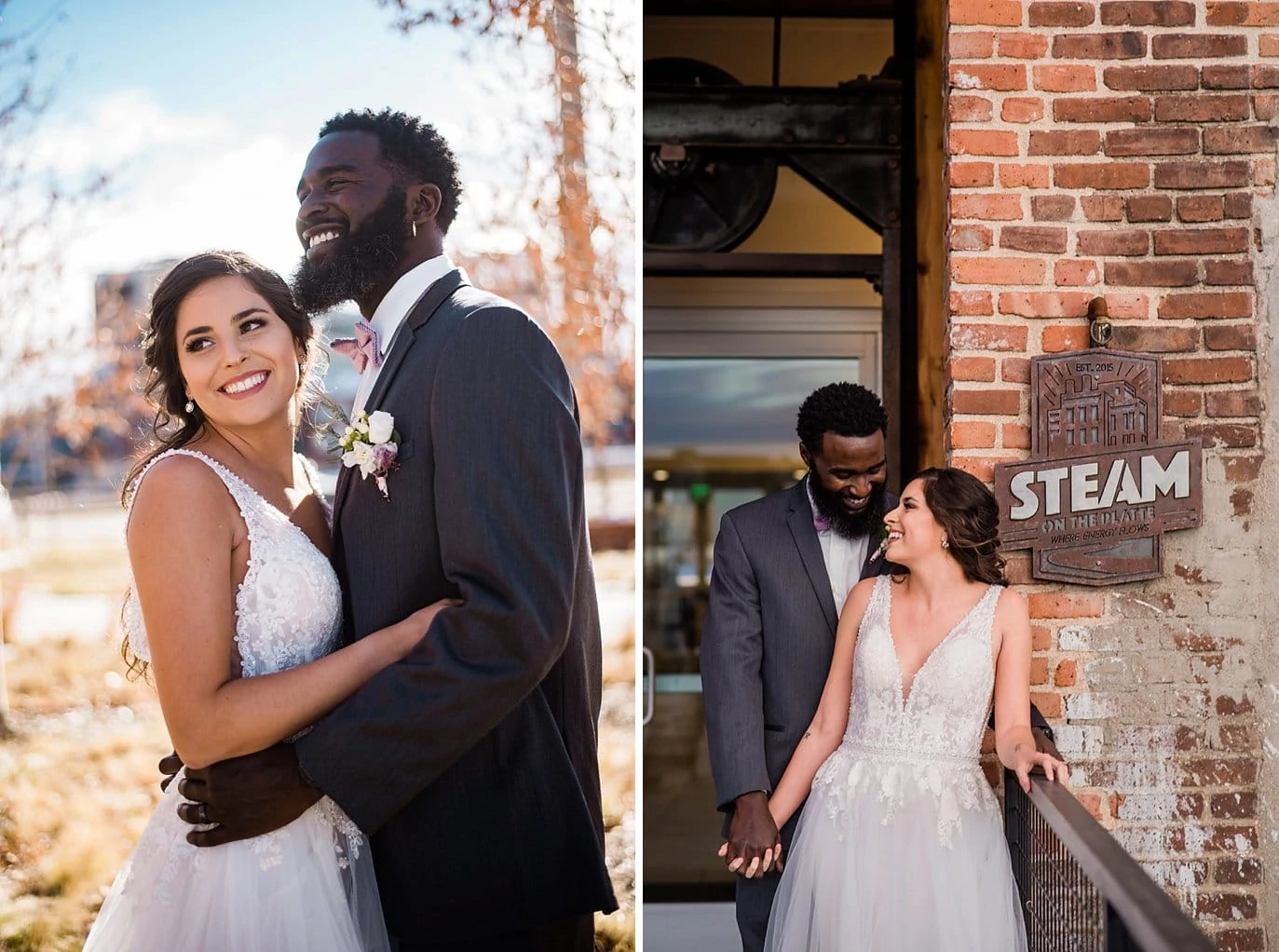 bride and groom in front of STEAM on the Platte industrial building at Shyft Denver wedding by Aurora wedding photographer Jennie Crate photographer