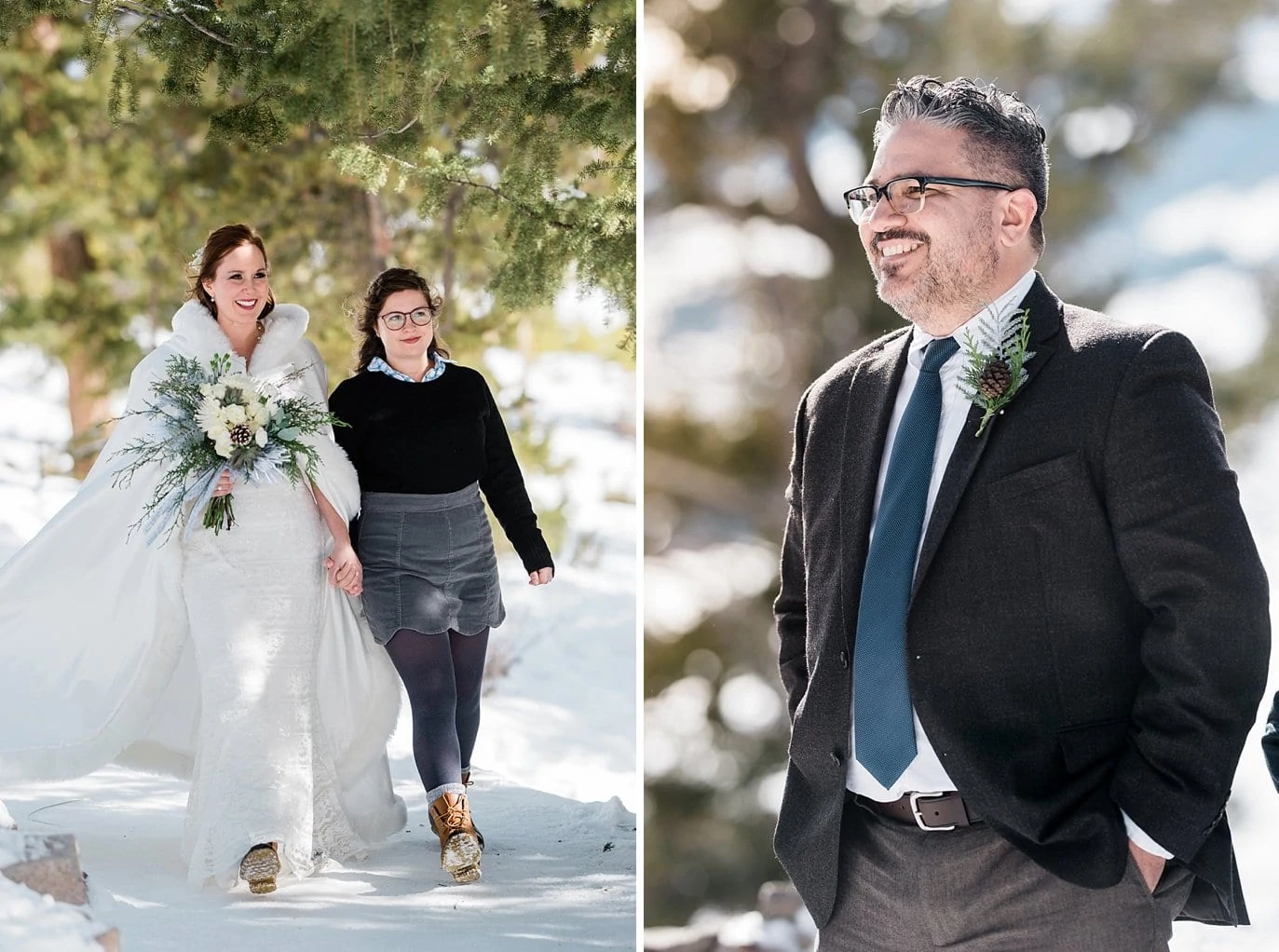 Bride and daughter walk to groom at Sapphire Point Elopement by Vail wedding photographer Jennie Crate Photographer