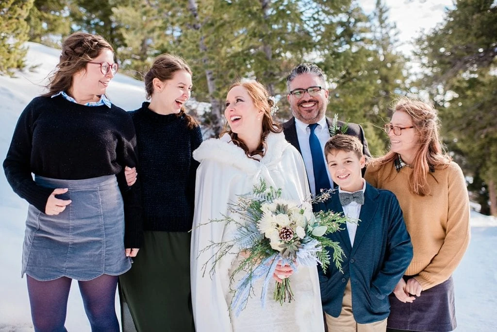 bride and groom and kids at Sapphire Point Elopement by Colorado Elopement Photographer Jennie Crate Photographer