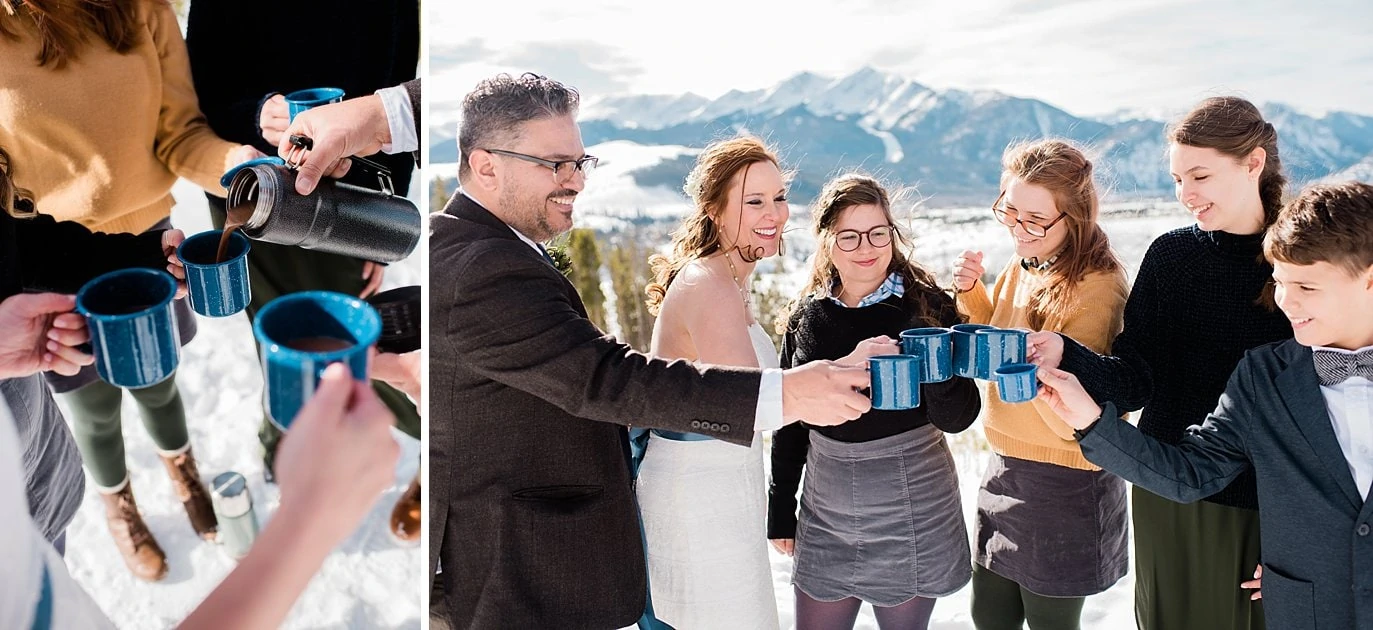 family toasts with hot chocolate in blue mugs at Sapphire Point Elopement by Vail wedding photographer Jennie Crate Photographer