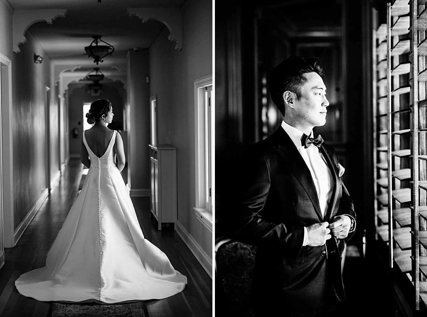 groom and bride dressed by window at Highlands Ranch Mansion wedding by Denver wedding photographer Jennie Crate