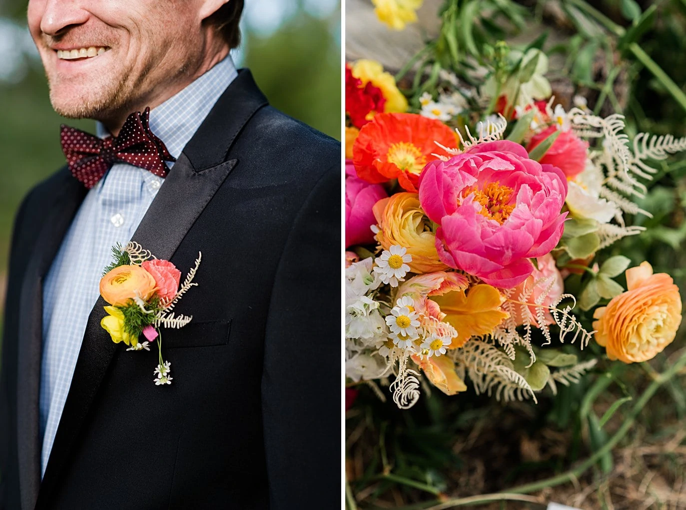 colorful and vibrant wedding bouquet and boutonniere at private Golden elopement by Boulder elopement photographer Jennie Crate