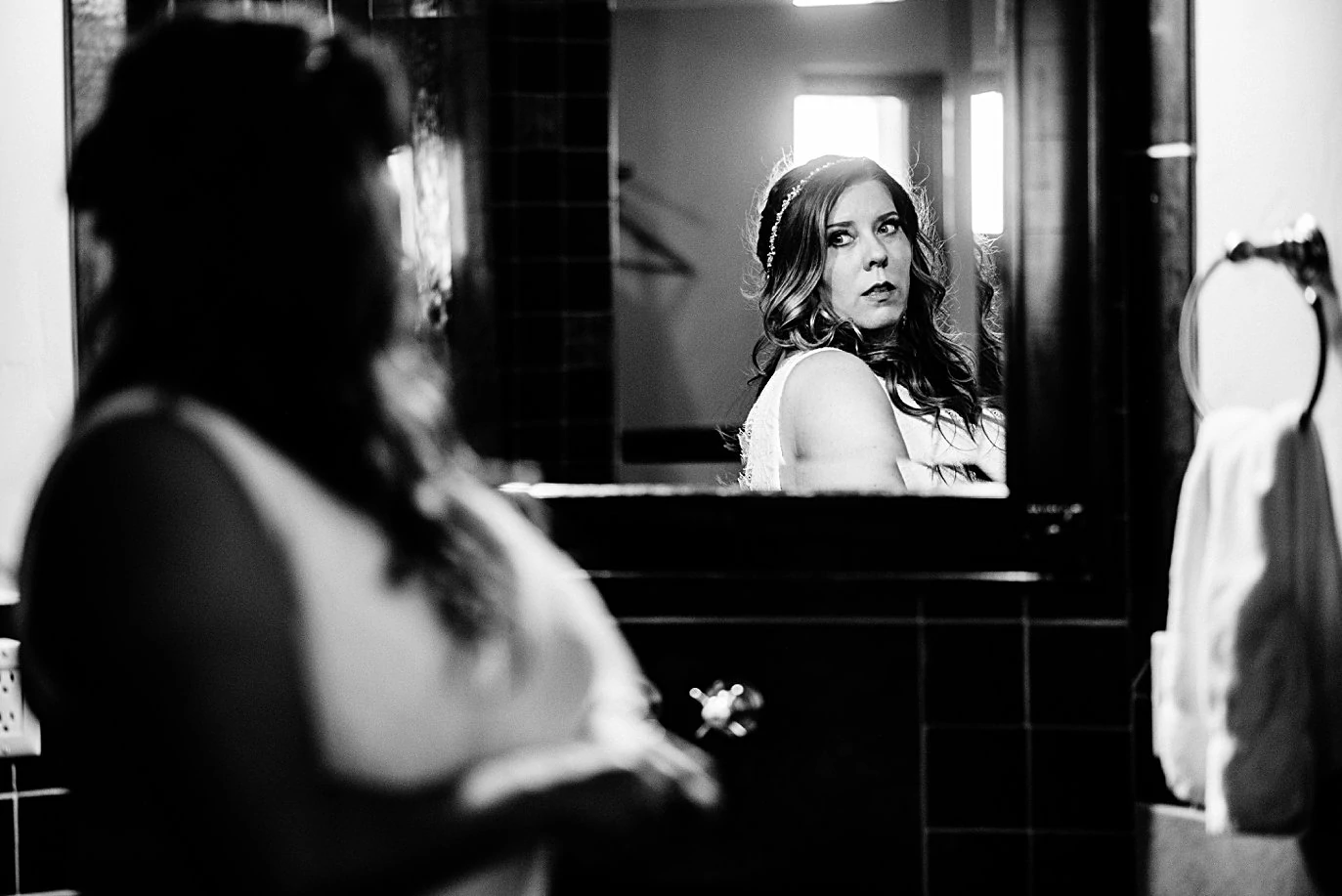 bride final look in the mirror at Lily Lake Elopement by Estes Park elopement photographer Jennie Crate