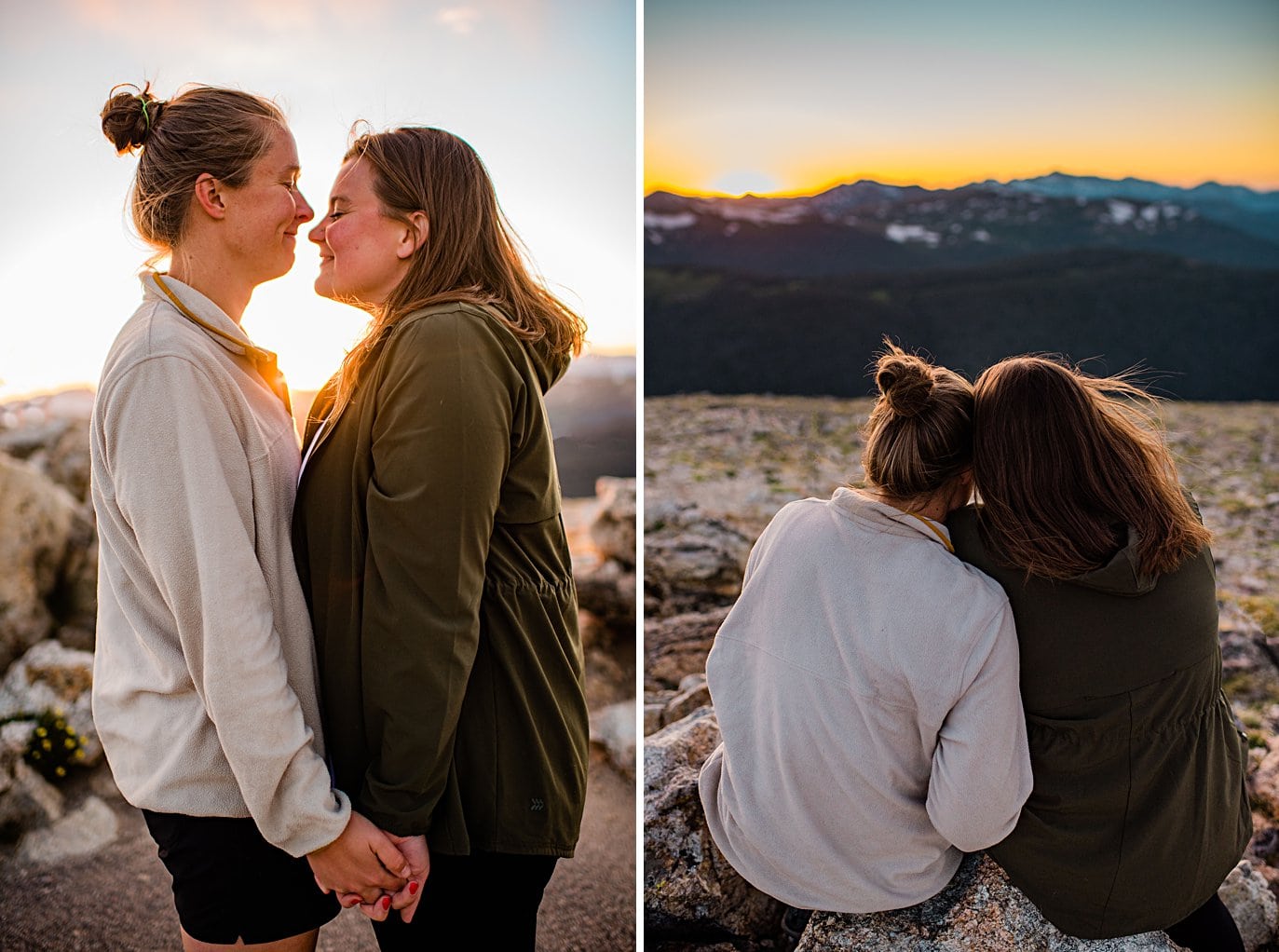 brides cuddle at Rocky Mountain National Park engagement session by Colorado Gay Wedding photographer Jennie Crate