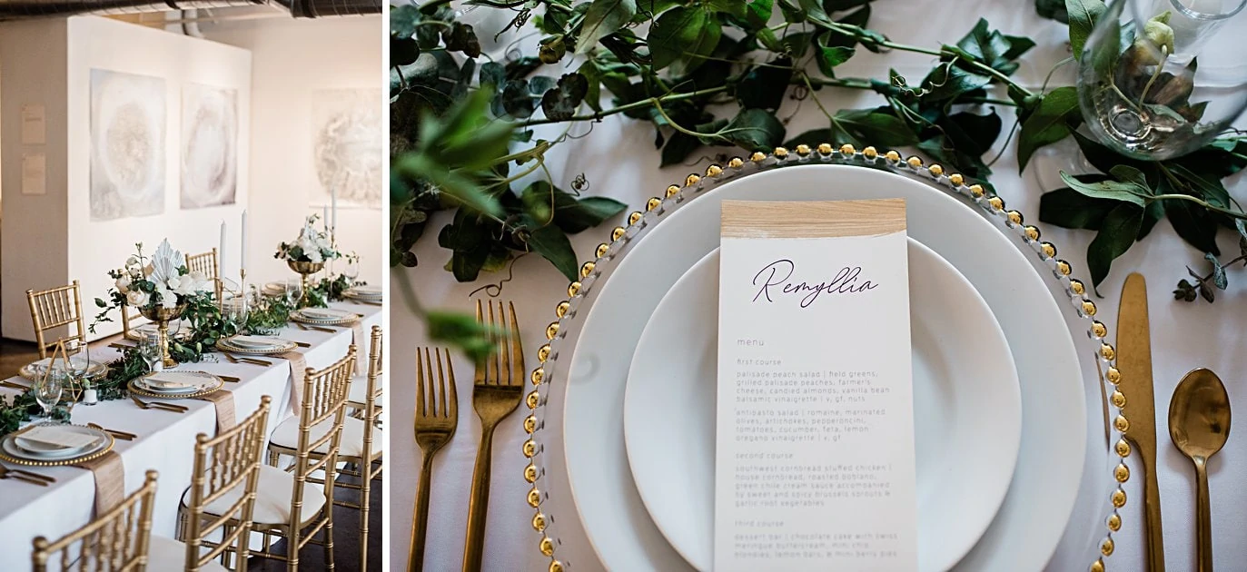hand painted gold menu and gold place setting at Walker Fine Art Gallery Wedding by Denver Wedding Photographer Jennie Crate