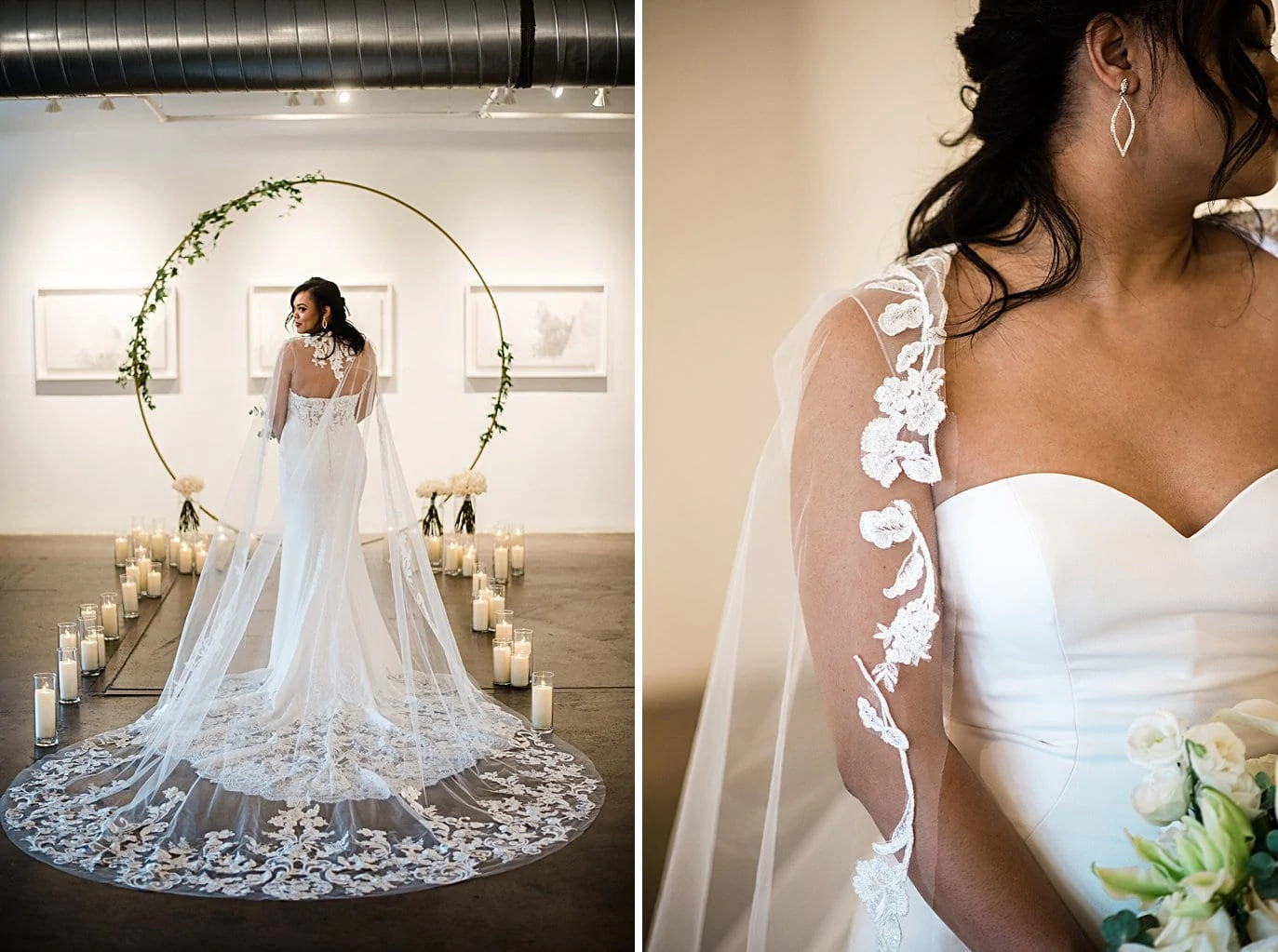 bride in lace cape at Walker Fine Art Gallery Wedding by Denver Wedding Photographer Jennie Crate