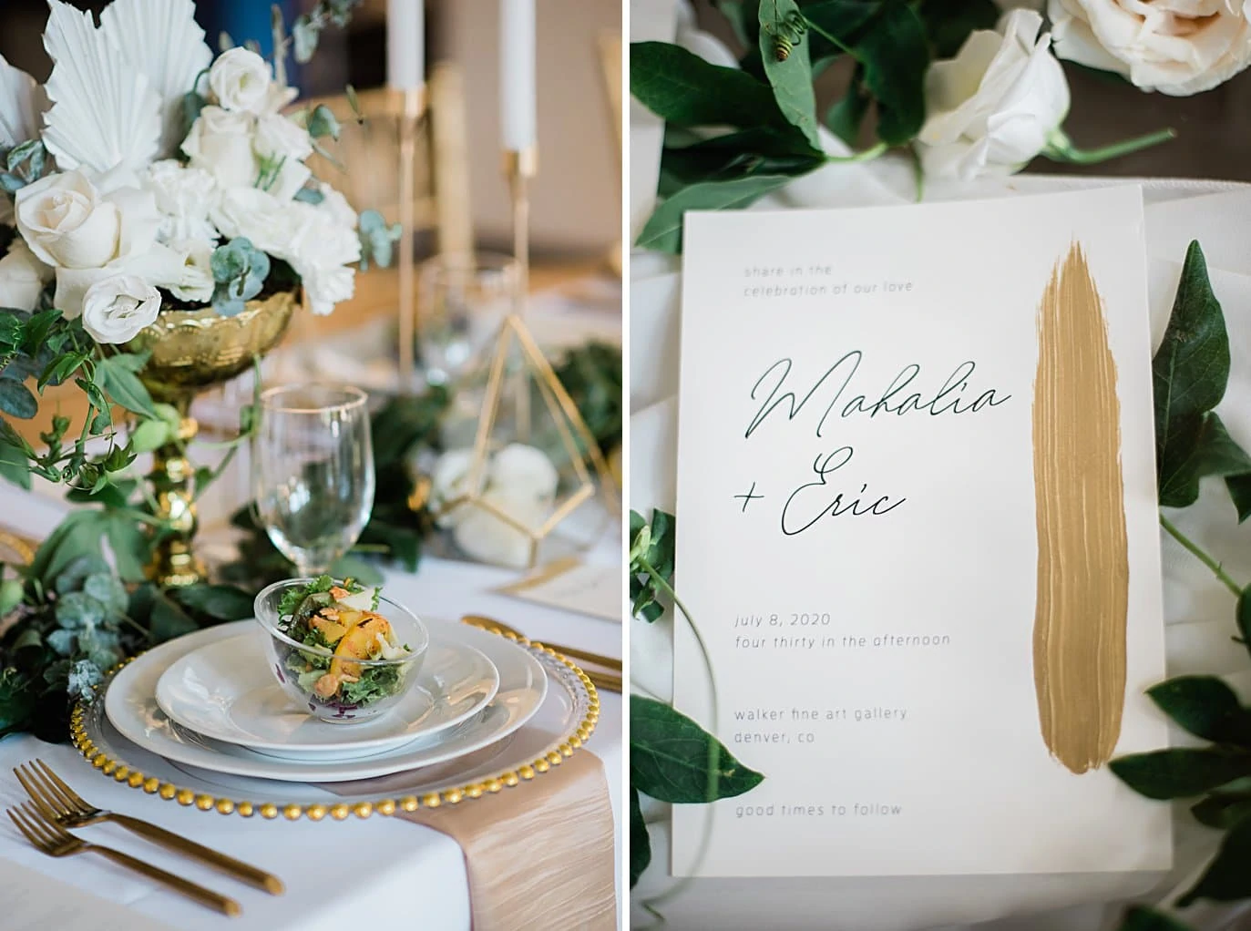 peach salad and gold accents at dinner setting at Walker Fine Art Gallery Wedding by Boulder Wedding Photographer Jennie Crate
