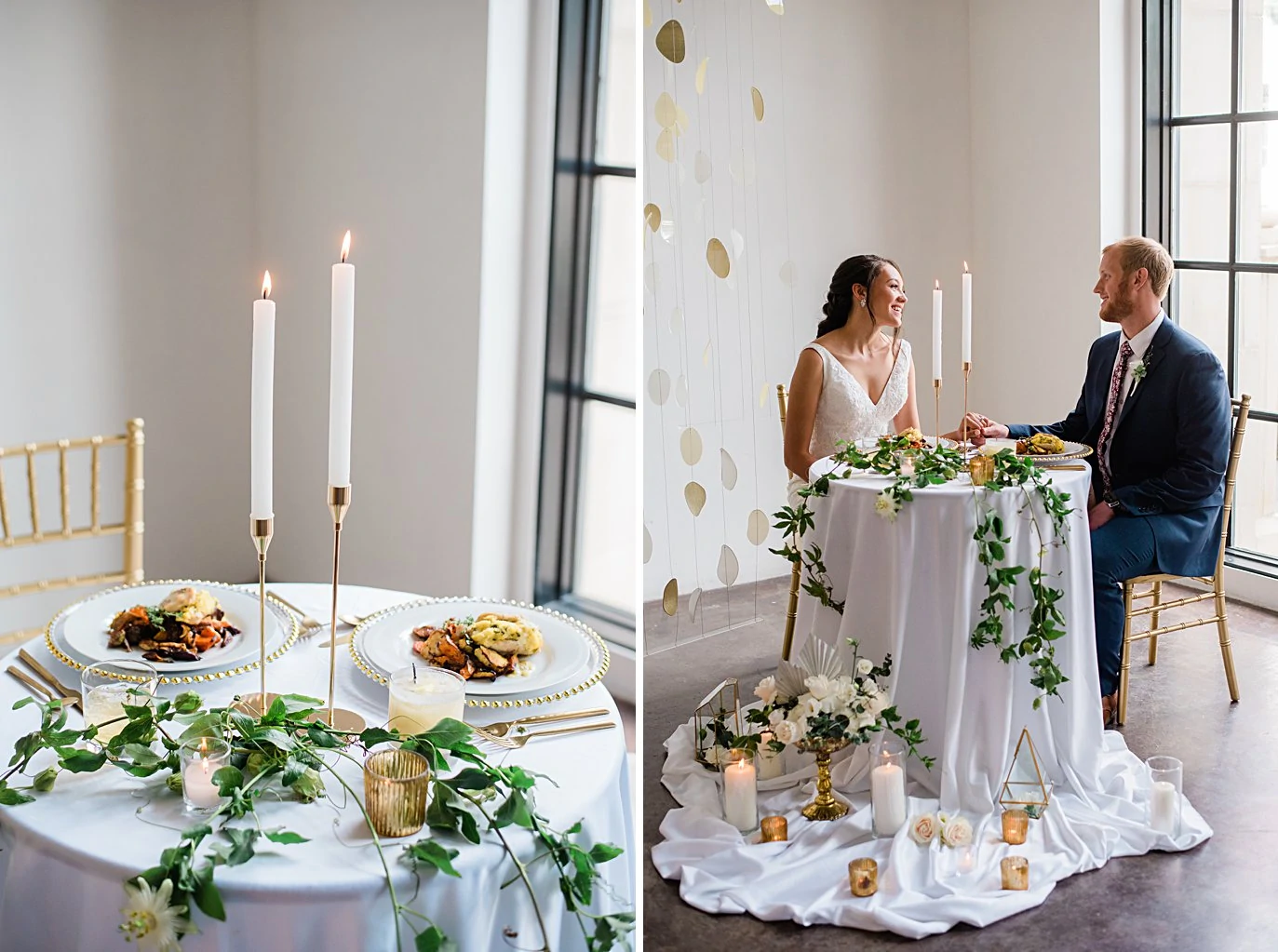 sweatheart table with copper accents and candles at Walker Fine Art Gallery Wedding by Boulder Wedding Photographer Jennie Crate