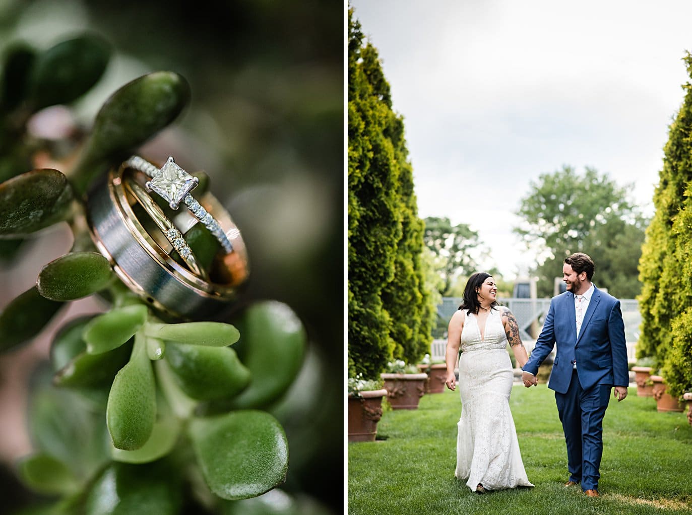 bride and groom walk in Romantic Gardens at Denver Botanic Gardens wedding by Boulder Wedding Photographer Jennie Crate