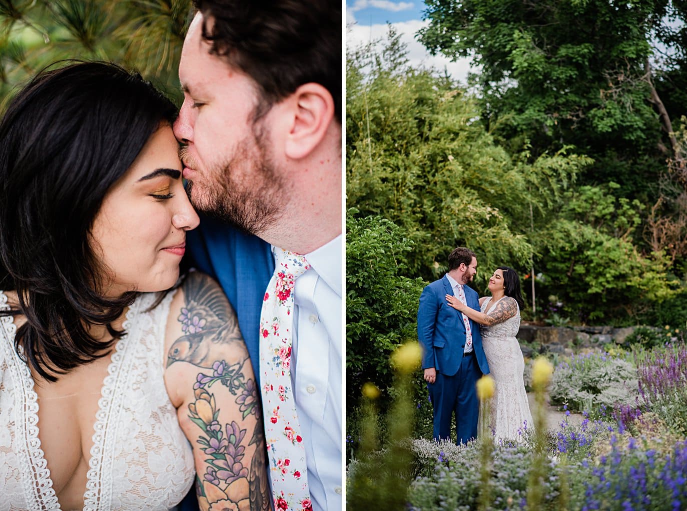 intimate portrait of bride and groom in gardens at Denver Botanic Gardens wedding by Boulder Wedding Photographer Jennie Crate