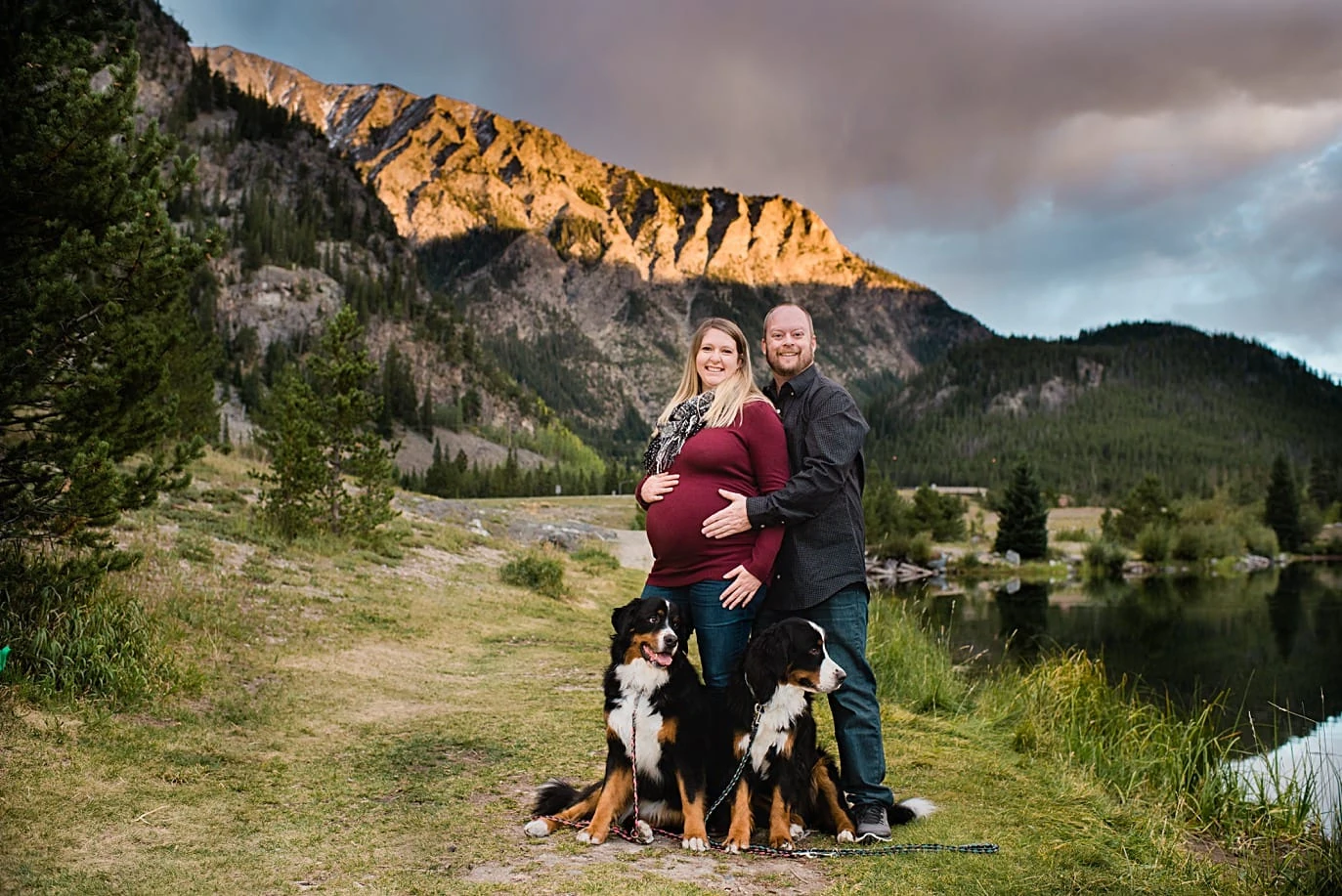 pregnant couple with dogs 