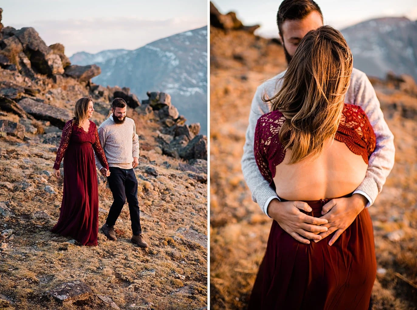sunset embraces at top of trail ridge road by Grand Lake engagement photographer Jennie Crate
