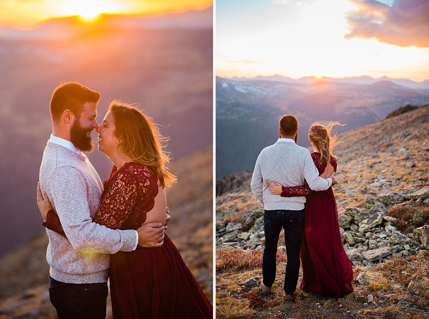 colorful sunset and lace dress at top of trail ridge road by Grand Lake engagement photographer Jennie Crate