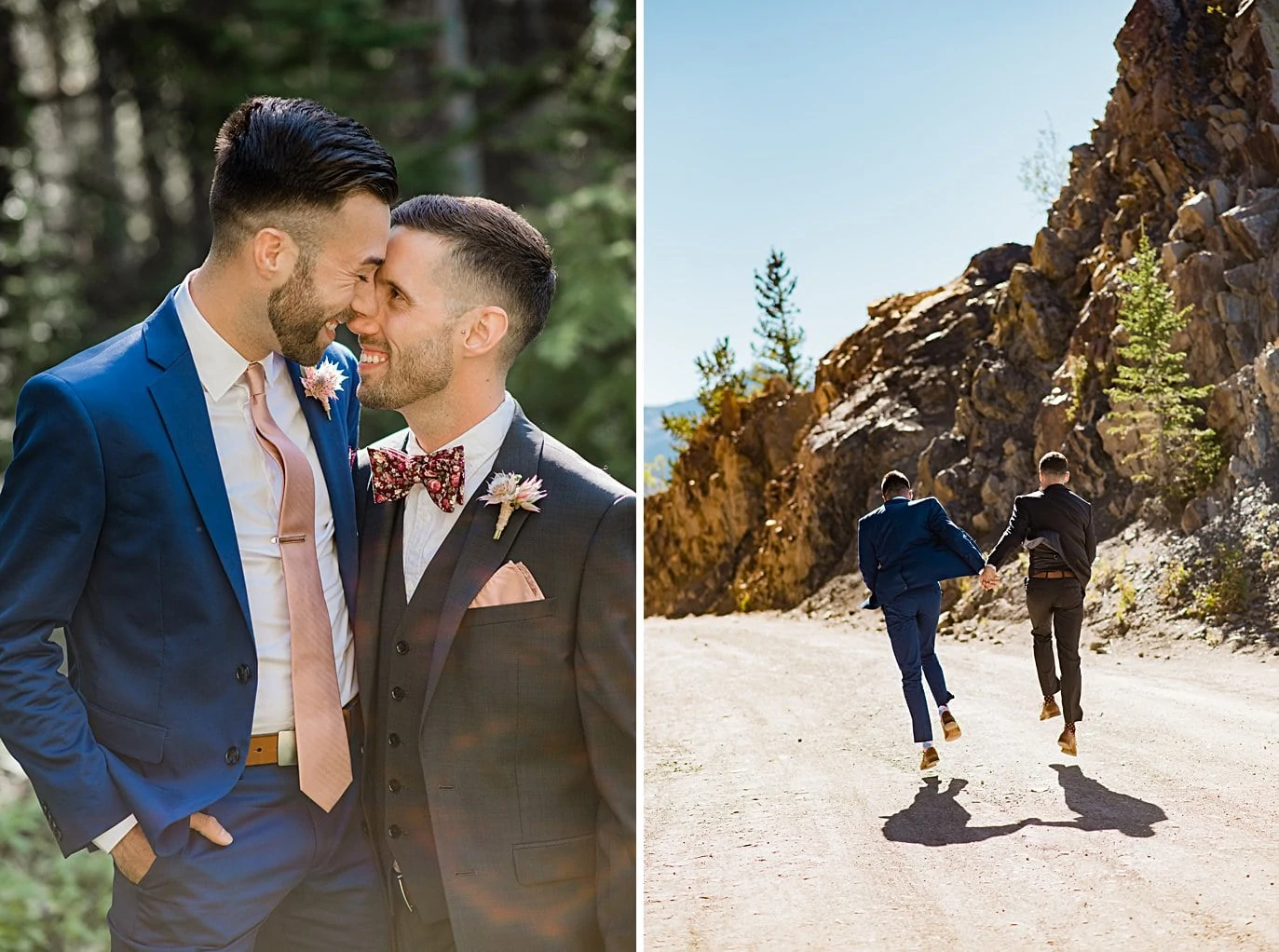 two grooms walking down road at Boras Pass elopement by Breckenridge elopement photographer Jennie Crate