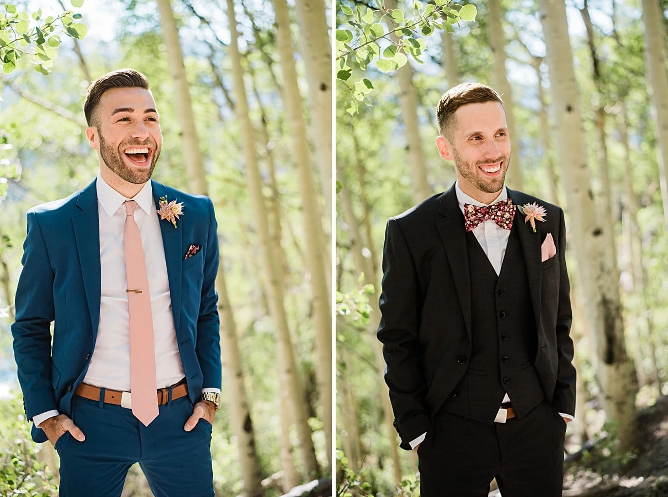 two grooms in custom suits in aspen trees before ceremony yat Boras Pass elopement by Breckenridge elopement photographer Jennie Crate