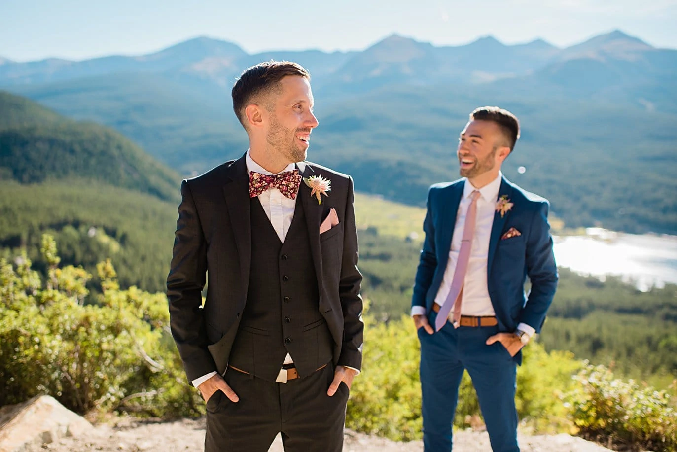 two grooms at overlook on Boreas Pass road at Boras Pass elopement by Breckenridge elopement photographer Jennie Crate