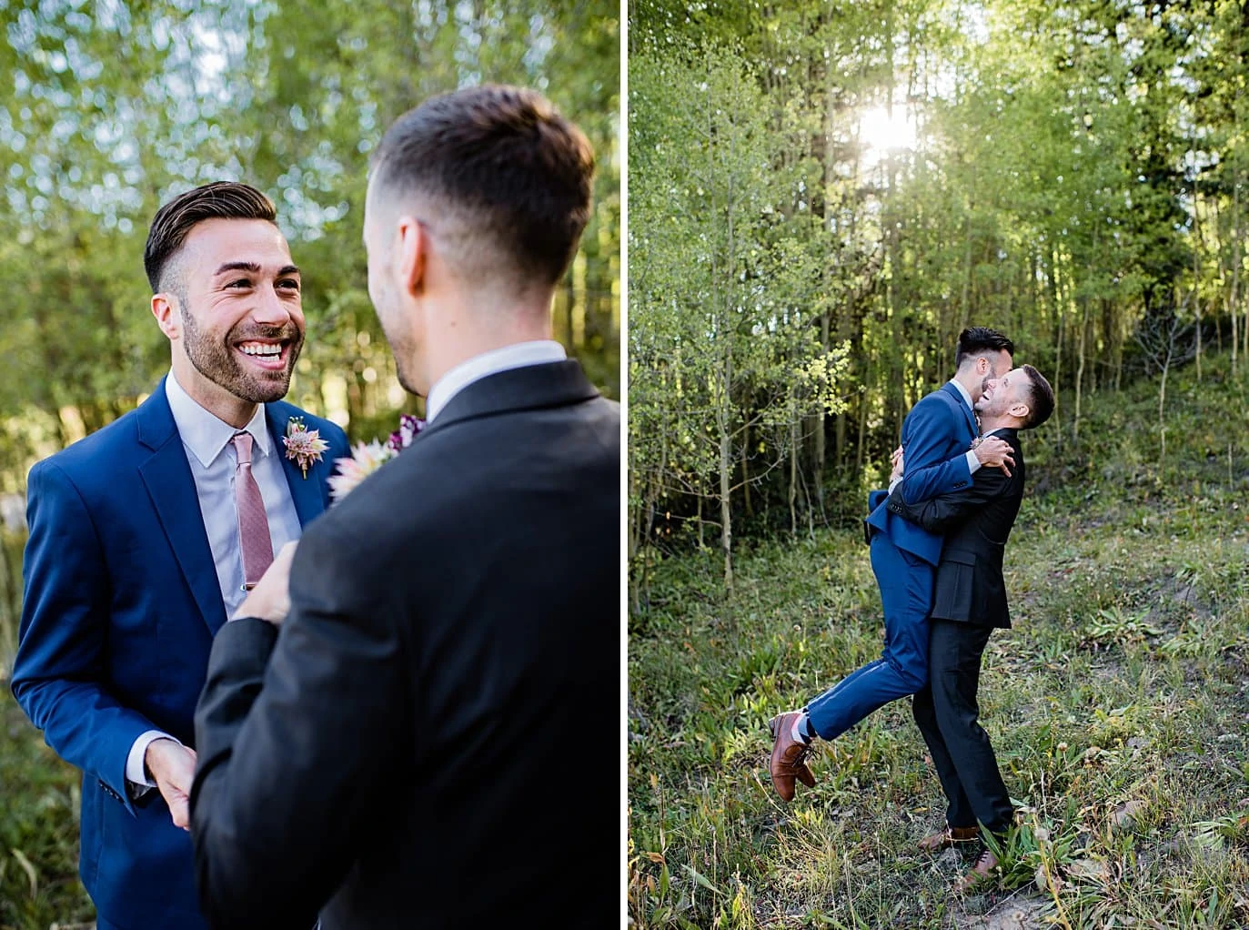two grooms get excited about upcoming elopement ceremony at Boras Pass elopement by Breckenridge elopement photographer Jennie Crate