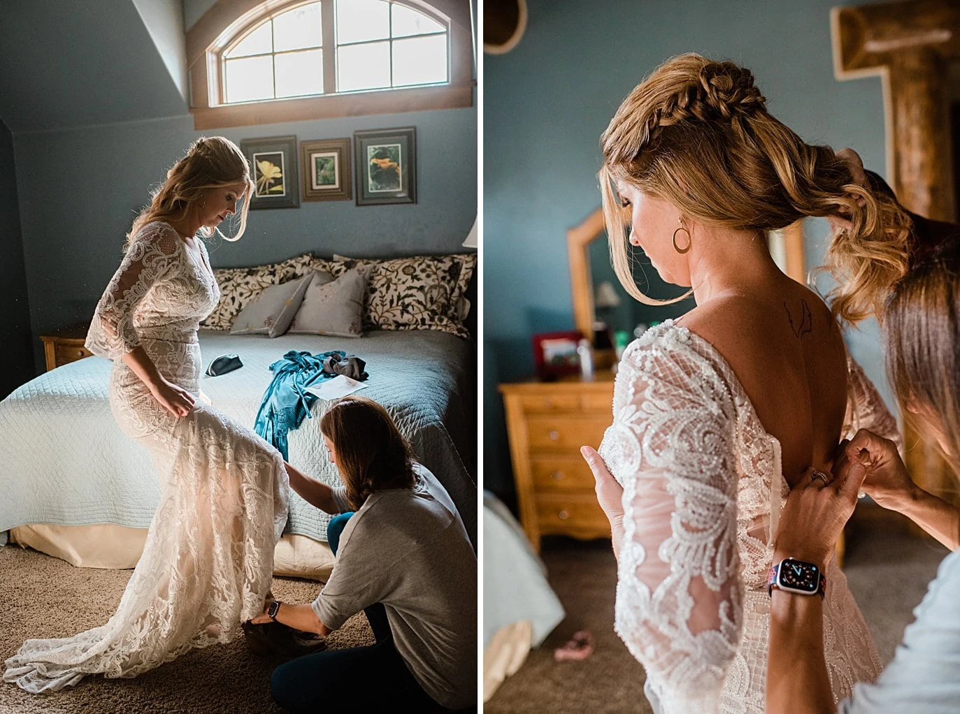 bride gets into custom lace dress at Boreas Pass microwedding by Breckenridge wedding photographer Jennie Crate