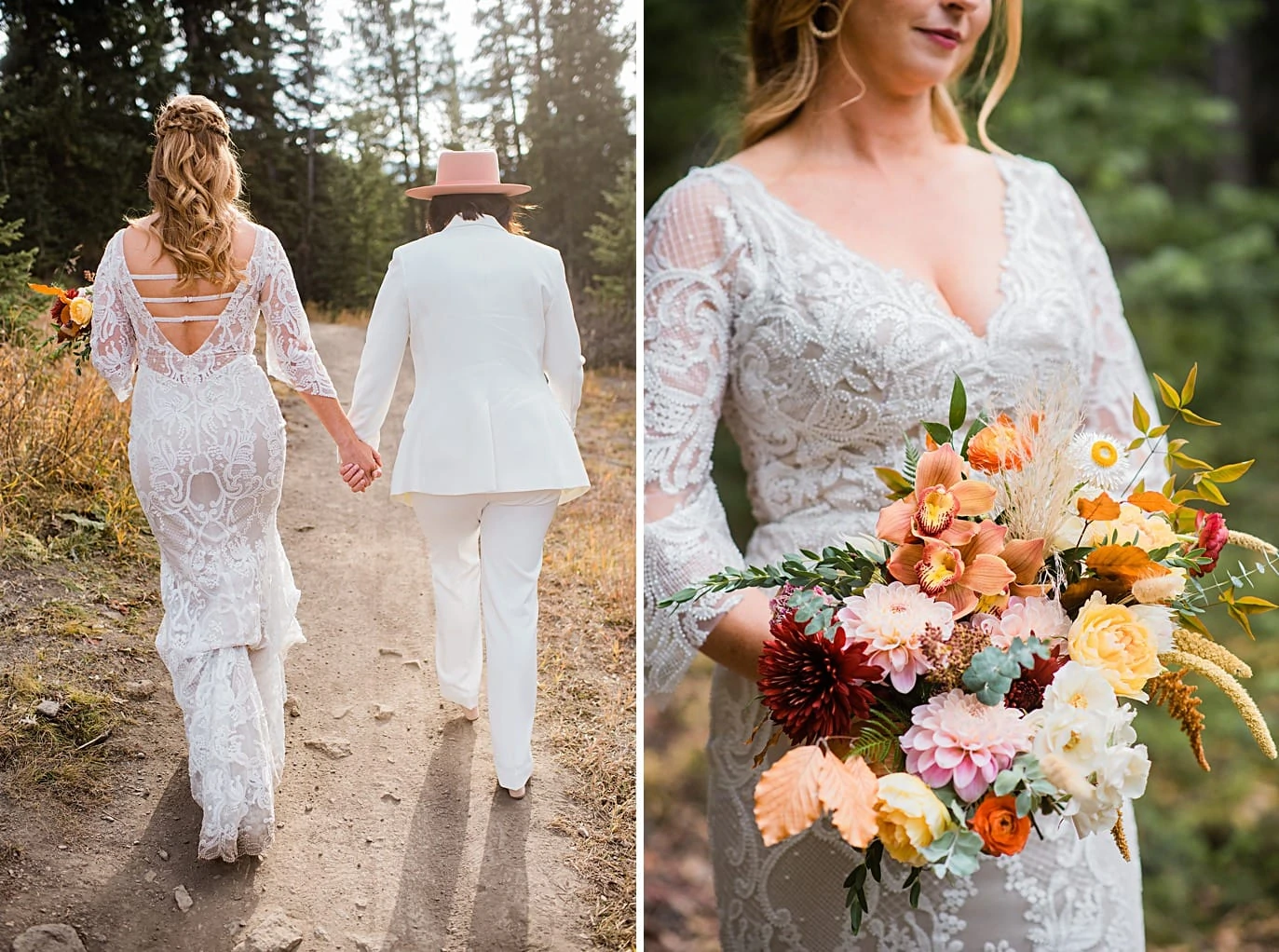 two brides walk hand in hand through forest at Boreas Pass microwedding by Breckenridge wedding photographer Jennie Crate